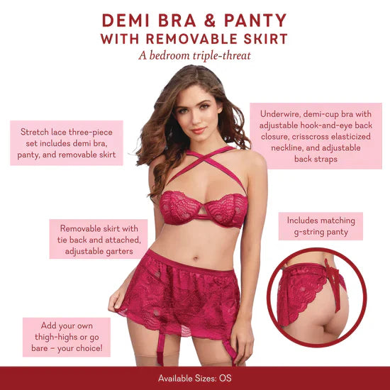 Demi Bra &amp; Panty with Removable Skirt - One Size